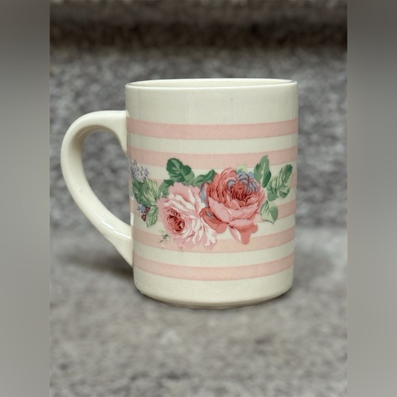 Vintage Cottagecore Floral Ceramic Mug Pink Striped Rose Tea Cup Romantic - Picture 1 of 9
